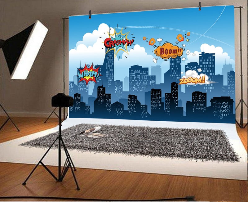 Yeele 10x8ft Little Superhero Backdrop Comic Superhero Cityscape Background for Photography Boy Girl Kid Birthday Baby Shower Party Banner Photo Booth YouTube Video Shoot Vinyl Studio Props - Image 1